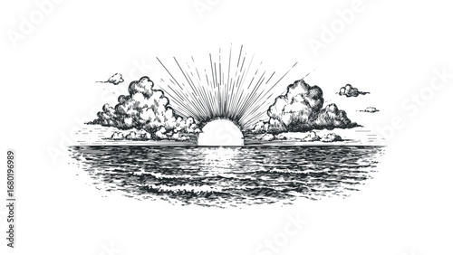 Sun Rising Over Ocean Waves With Scattered Clouds Sketch. Vector hand drawn illustration