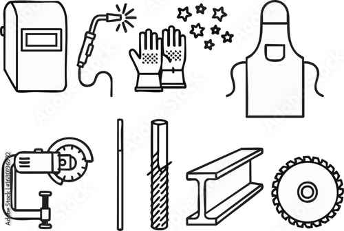 Essential line art icons depicting various welding and metalworking tools, protective equipment, and construction materials for industrial and DIY projects.