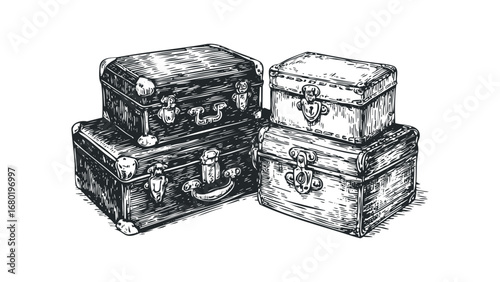 Vintage luggage stacked on transparent background. Vector hand drawn illustration