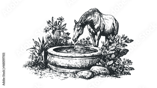 Detailed ink sketch of a horse drinking from a stone fountain surrounded by foliage and flowers. Vector hand drawn illustration