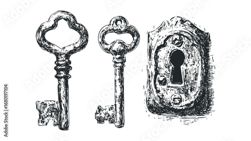 Vintage ornamental keys and antique keyhole plate displayed side by side. Vector hand drawn illustration