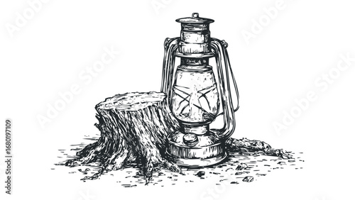 Vintage kerosene lantern resting on a rough wood stump exterior. Vector hand drawn illustration