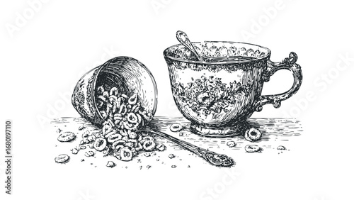 Antique cup spilling cereal onto a surface with a spoon and scattered pieces. Vector hand drawn illustration