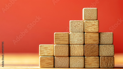 A wooden block pyramid on a red background