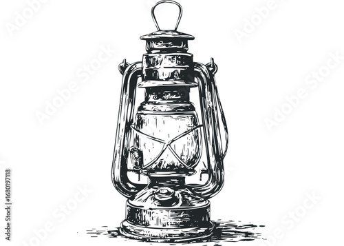 Ornate kerosene lantern with handle and glass chimney detailed sketch. Vector hand drawn illustration