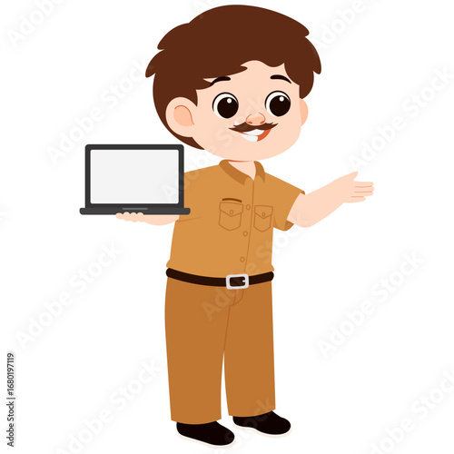 Cartoon Male Teacher in Uniform Holding Laptop