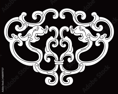 An ornate symmetrical pattern featuring two stylized dragons facing each other with elegant curls.