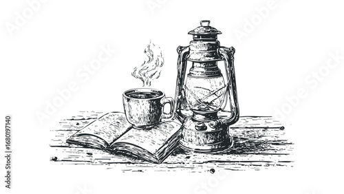 Kerosene Lamp and Steaming Coffee Cup on Open Book. Vector hand drawn illustration