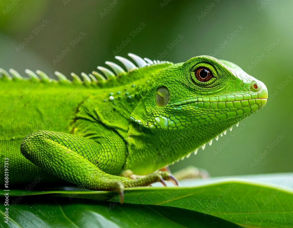 Naklejka premium Close-up of a vibrant green iguana on a leaf