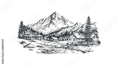 Hand drawn sketch of cabins nestled in a mountain landscape. Vector hand drawn illustration