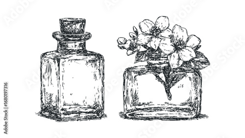Sketch of glass bottles one with a cork stopper and the other with flowers. Vector hand drawn illustration
