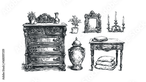 Vintage French Provincial Furniture and Decor Sketch. Vector hand drawn illustration
