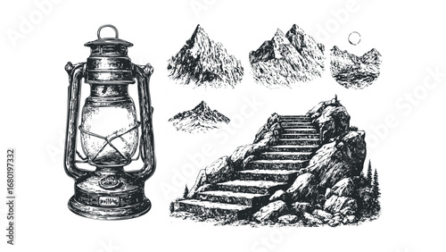 Vintage lantern and rugged mountain peaks sketch on white. Vector hand drawn illustration