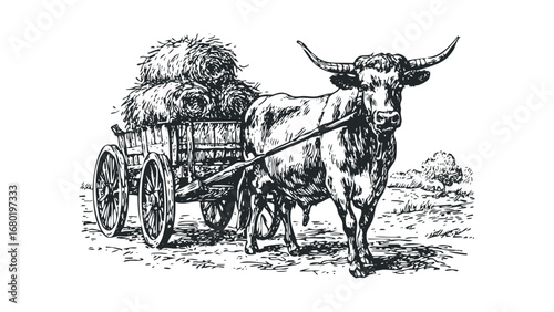 Ox pulling cart loaded with hay bales. Vector hand drawn illustration