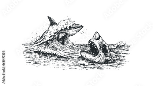 Shark emerging from ocean wave next to open shark skull. Vector hand drawn illustration