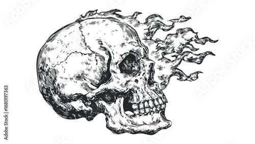 Sketch of a human skull with flames bursting from the top. Vector hand drawn illustration