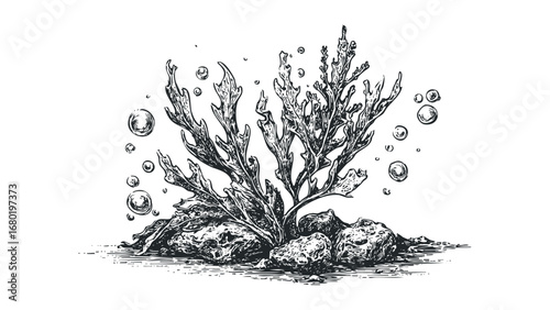 Detailed sketch of marine seaweed with air bubbles on transparent background. Vector hand drawn illustration