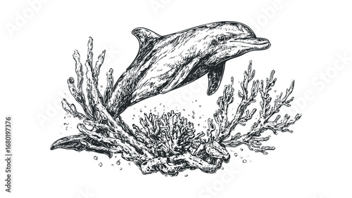Hand Drawn Dolphin Swimming Through Coral Reef on Transparent Background. Vector hand drawn illustration