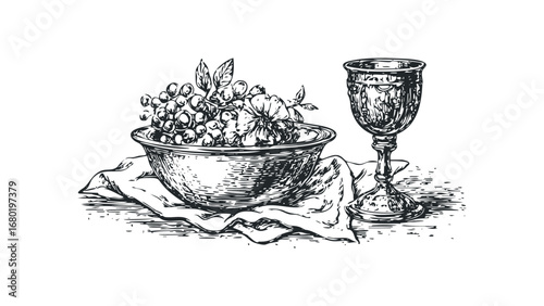 Hand drawn still life of grapes in bowl with chalice. Vector hand drawn illustration