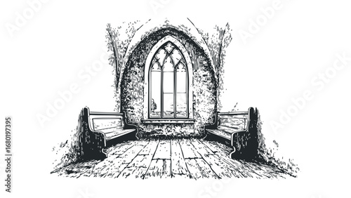 Architectural sketch of an empty church interior with wooden benches and arched window. Vector hand drawn illustration