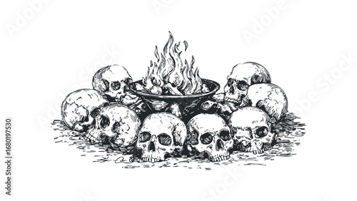 Group of Skulls Arranged Around a Fiery Bowl. Vector hand drawn illustration