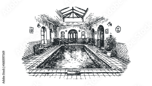 Interior Sketch of a Traditional Swimming Pool with Skylight and Seating. Vector hand drawn illustration