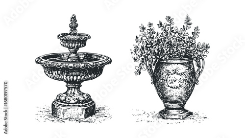 Ornate tiered fountain and decorative urn with foliage. Vector hand drawn illustration
