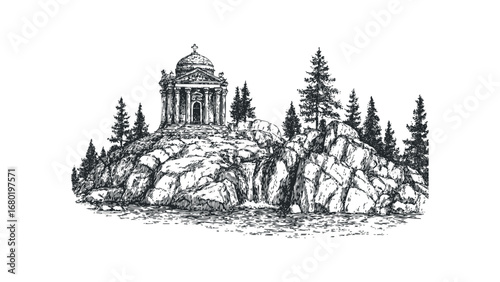 Ancient Greek style building on rocky island with pine trees and water. Vector hand drawn illustration