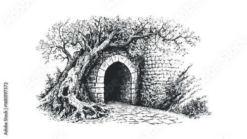 Ornate stone archway entrance with gnarled tree and overgrown foliage. Vector hand drawn illustration