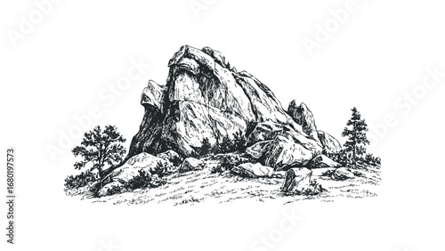 Sketch of rugged rock formation with trees and vegetation on transparent background. Vector hand drawn illustration