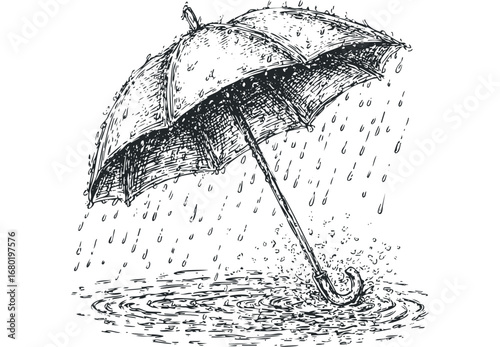 Hand Drawn Umbrella Deflecting Rainfall into Puddle. Vector hand drawn illustration