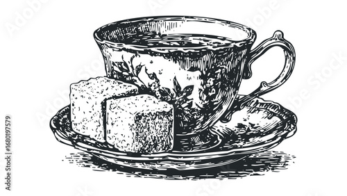 Detailed Line Art Sketch of Antique Tea Cup with Saucer and Biscuits. Vector hand drawn illustration