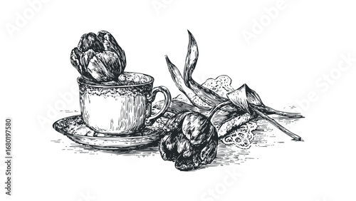 Still life arrangement of tulips in a teacup and saucer with decorative lace. Vector hand drawn illustration