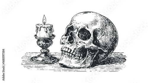 Intricate Vintage Skull and Dripping Candle on Wooden Surface. Vector hand drawn illustration