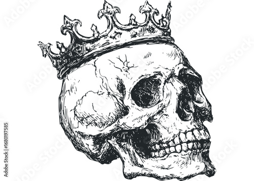 Hand drawn skull with crown isolated on white. Vector hand drawn illustration