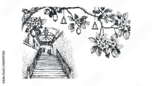 Ornate stairway with overhead archway and floral branch with fruit and bells. Vector hand drawn illustration