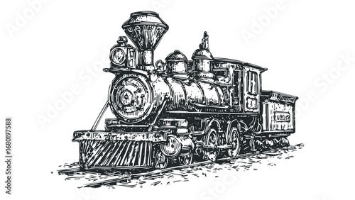 Vintage steam locomotive engine on railway tracks engraving. Vector hand drawn illustration