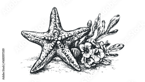 Detailed Pen and Ink Drawing of a Starfish with Coral and Shells. Vector hand drawn illustration