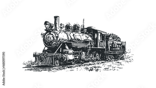 Vintage steam locomotive on railway tracks with grass detail. Vector hand drawn illustration