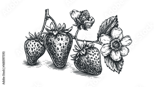 Vintage Strawberry and Flower Branch Ink Drawing on Transparent Background. Vector hand drawn illustration