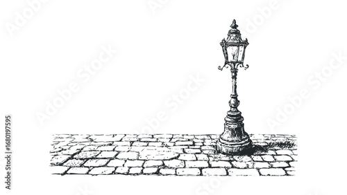 Sketch of an antique gas lamp standing on a cobblestone street. Vector hand drawn illustration