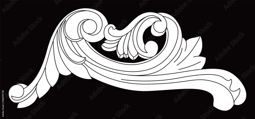 Fototapeta premium White decorative swirling plant pattern on black background for ornamental design.