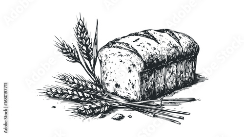 Loaf of bread with wheat stalks engraving. Vector hand drawn illustration