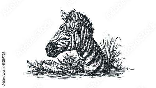 Zebra head and mane sketch with foliage and water elements on transparent background. Vector hand drawn illustration