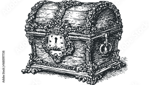 Antique Wooden Chest with Ornate Metal Lock and Handles in Sketch Style. Vector hand drawn illustration