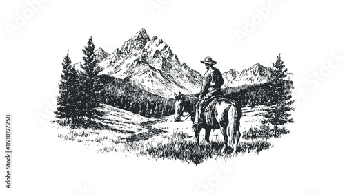 Lone cowboy on horseback surveys mountain vista in sketchy graphic style. Vector hand drawn illustration