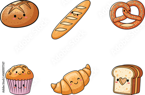 Cute cartoon baked goods with smiling faces, kawaii bread characters, croissant, muffin, pretzel, sandwich slice, vector illustration for bakery, food design