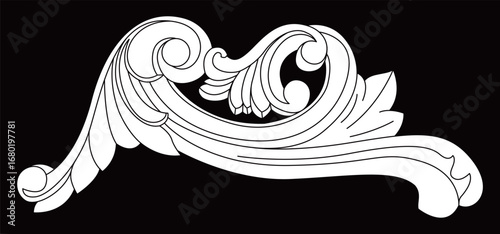 White decorative swirling plant pattern on black background for ornamental design.