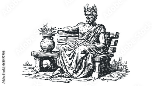 Sketch of a kingly man in ancient robe sitting on wooden bench with laurel wreath. Vector hand drawn illustration