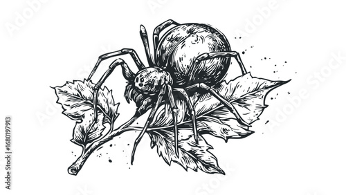 Detailed Spider on Leaves Ink Drawing. Vector hand drawn illustration